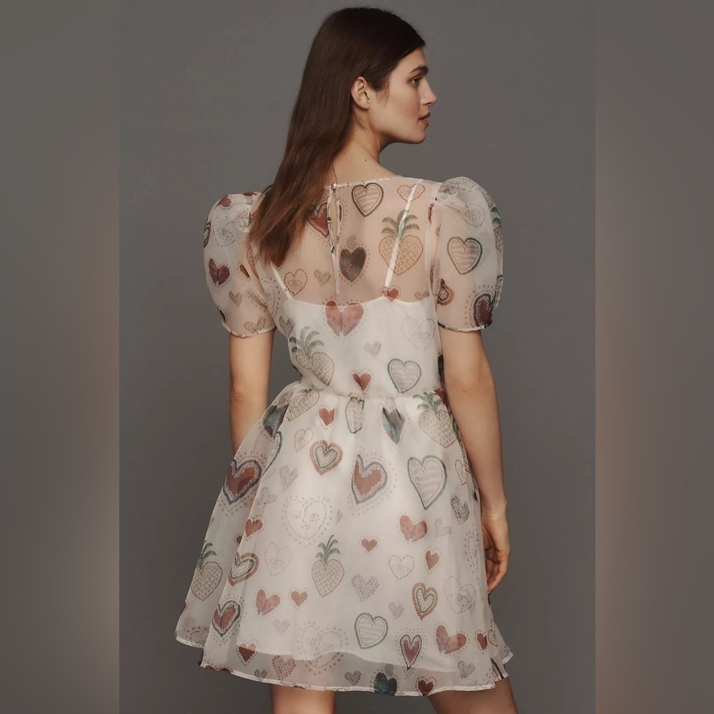 Farm Rio X Anthropologie Semi Sheer Puff Sleeve Mini Dress NWT Size XS Hearts - Picture 2 of 9